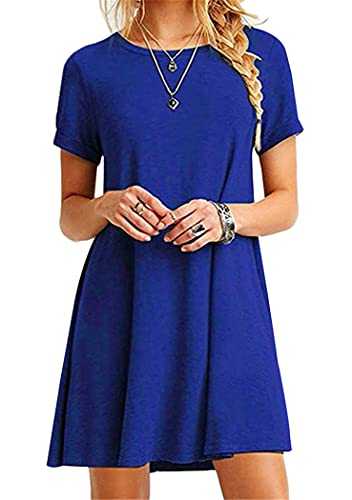 OMZIN Women Summer Short Sleeve Loose Casual Dress Plus Size Swing Crew Neck Solid Color Dress Xxs-5xl