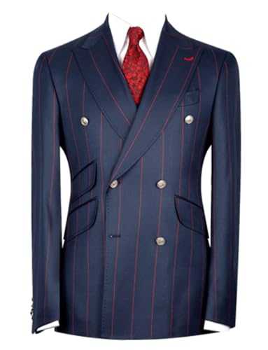 Pkrboro Men's Stripe 2-Piece Suit Double Breasted Buttons Peak Lapel Jacket Pants for Prom Office