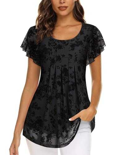 Akiooue Ladies Blouses Short Sleeve Tunic Tops Casual Crew Neck Ruffle Flowy Double Layers Mesh Shirts S-3XL
