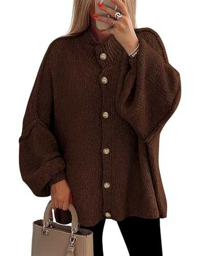 BTFONIA Women's Winter Button Down Cardigan Sweaters Mock Neck Lantern Long Sleeve Chunky Knit Jacket Trendy Outerwear