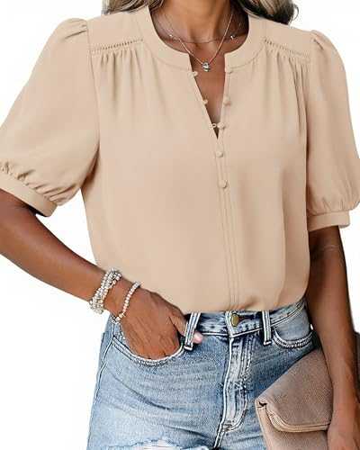 Triratna Women's Summer Tops Dressy Casual Short Lantern Sleeve V Neck Buttons Front Chiffon Blouses Work Shirts
