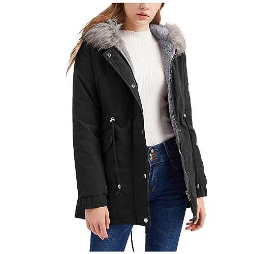 Parka Jacket Womens Winter Warm Padded Coat Faux Fur Trim Hooded Fleece Teddy Bear Outwear Mid Length Outdoor Puffer Jackets Plush Waterproof Comfy Overcoat with Pockets