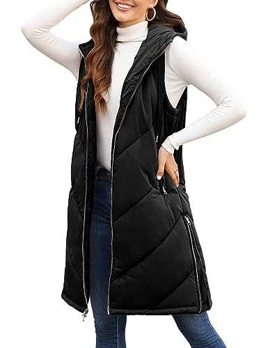 Nadeer Women's Gilet Longline Quilted Jacket Hooded Sleeveless Coat Winter Warm Outwear Longline Cotton Padded Waistcoat Ladies Vest Outwear Zip Up Waistcoat