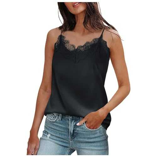 Women's Blouses & Shirts, Summer Casual Lace Splicing Ruffled White V Neck Top Woman Sleeveless Shirt Deep Scoop Neck Shirt Dressy Tunic Office Tops Casual Loose T-Shirts