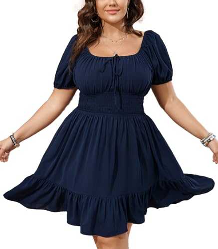 Womens Plus Size Short Lantern Sleeve Scoop Neck Mini Dress Elastic High Waist Summer Dresses Ruffle Wedding Guest Dress