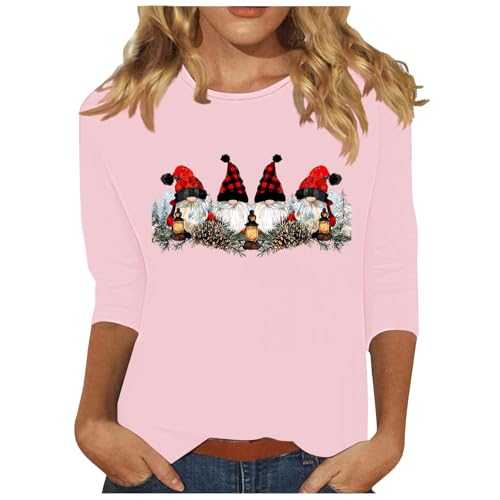 Christmas Tops for Women UK, Cute Print 3/4 Sleeve Shirts, Slim Fit Winter Blouses