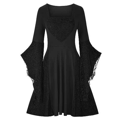 Cokbyavla Trumpet Sleeves Gothic Retro Gown for Women,Medieval Dress Renaissance Costume Plus Size Renaissance Dress Women Peasant Dress for Women Short Girl Maid Dress Retro Dresses for Women Black