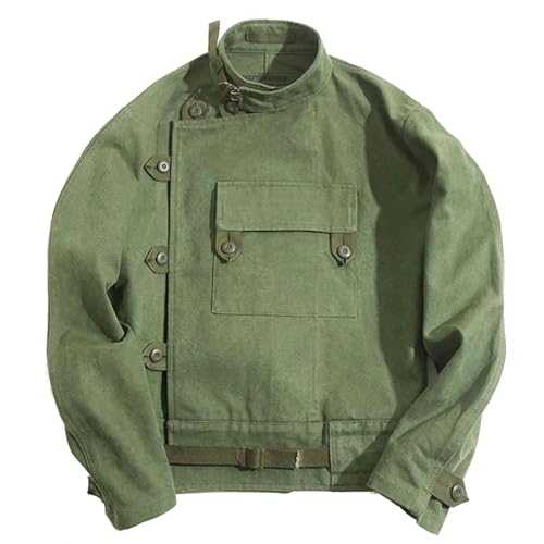 ESUKAR Autumn Winter Maden Army Green Retro Bomber Jackets Misplaced Oblique Pocket Button Buckle Swedish Motorcycle Cotton Coat