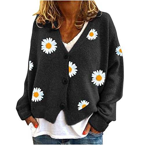 Zeiayuas Cardigan for Women UK Knitted Sweater Long Sleeve Open Front Sweaters Coats Floral Knit Jumper Jacket Cardigan V Neck Button Down Cardigans Knitwear Ribbed Cuffs Sweater Outerwear