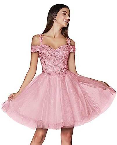 Women's Sparkly Lace Applique Homecoming Dresses Cold Shoulder Tulle Short Beaded Prom Cocktail Party Gowns