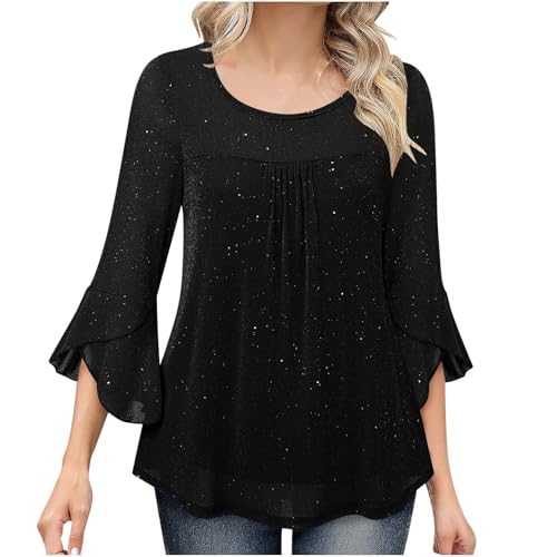 LUTKYC Dressy Tops for Women UK Ruffle 3/4 Sleeve Blouses Mesh Double Layered Tunic Tops Round Neck/V Neck Elegant Flowy Blouses 2025 Fashion Sparkly Tops