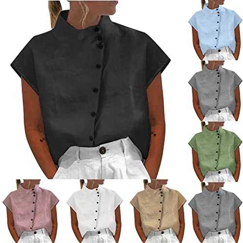 FunAloe Linen Tunic Tops For Women Uk Clearance Oversized Summer Tops Cap Sleeve Blouses Ladies High Neck Shirt Solid Color Tunic Tops Cut Out Holiday Clothes Uk Size 6-22 Gifts For Women