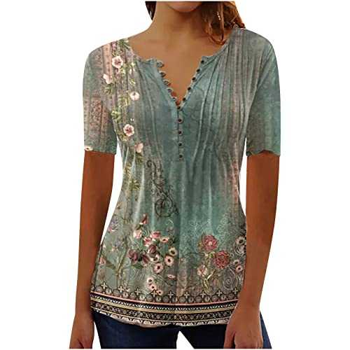 Summer Henley T-Shirts Tops for Women UK Elegant Vintage Floral Printed Tunic Tops V Neck Flowy Flare Buttons Up Blouse Swing Blouses Longine Shirts Casual Baggy Pullover Plus Size 8-18