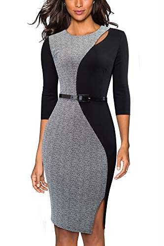 HOMEYEE Women's Vintage 3/4 Sleeve Crew Neck Colorblock Belt Business Dress B478 (UK 16 = Size XXL, Grey)