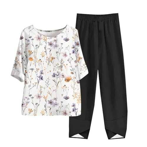 Tracksuit Set for Women Oversized 2 Piece Outfits Short Sleeve Sumer Tops Printing Loose T-Shirts Pullover Tops & Casual Trousers Wide Leg Long Pants Lounge Sets Clearance UK Size