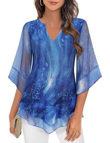 Womens Blouses Ruffle 3/4 Sleeve Dressy Tops V Neck Chiffon Tunic Tops Double Layers Flowy Mesh Shirts
