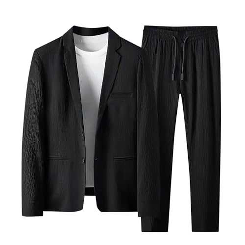 Men’s Casual Suit Set 2 Piece Blazer and Trousers Slim Fit Lightweight Solid Color Business Casual Jacket and Drawstring Elastic Waist Trousers with Pocket