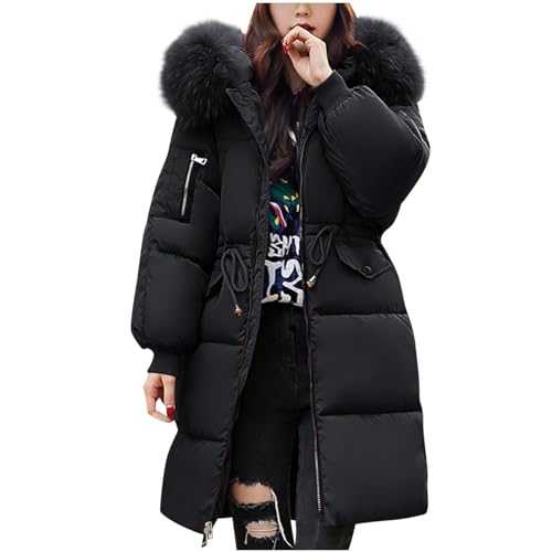 Women's Down Jacket Winter Mid-lenght Down Puffer Coats Ladies Lightweight Waterproof Jackets with Fur Hood Plus Size Slim Trench Coat Long Sleeve Warm Outwear Outdoor Hiking Jackets UK Size 10-18