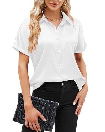 Asoodiy Short Sleeve Satin Blouses Womens Silk Shirt Ladies V Neck Shirts Casual Button Down Shirts Work Business Shirts