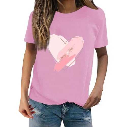 Valentines Day T Shirt for Women Valentine's Day Pink Love Heart T Shirts Sprint Summer Short Sleeve Tops Casual Round Neck Top Shirts Plus Size Loose Tee Shirts Streetwear