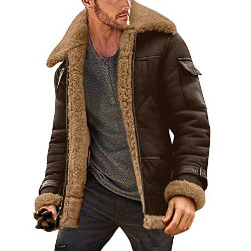Buetory Mens Casual Fleece Sherpa Lined Suede Leather Trucker Jackets Casual Western Faux Shearling Sheepskin Bomber Jacket