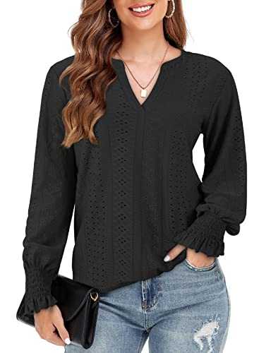 Tanst Sky Womens Puff Long Sleeve Eyelet Tops Dressy Casual Notch V Neck Shirts Blouses