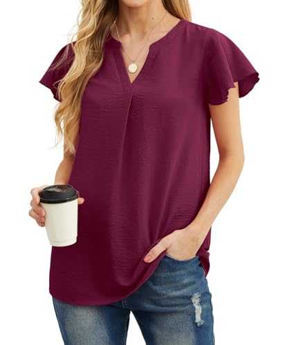 IWOLLENCE Ruffle Sleeve Blouse for Women UK Pleated V Neck Going Out Summer Chiffon Tops Short Sleeve Casual Office Wear T Shirts
