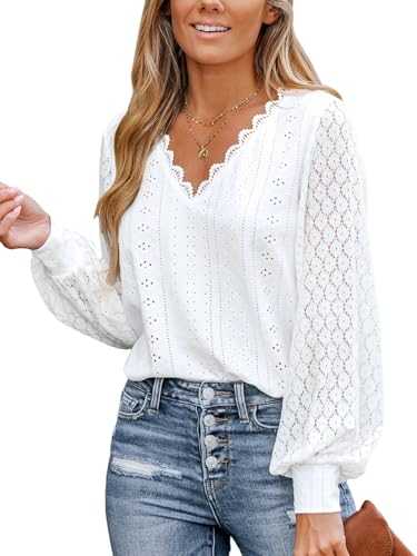 CUPSHE Women Blouse Cutout Scalloped Lace Top Long Lace Sleeves V Neck Banded Cuffs Chic Elegance Shirt