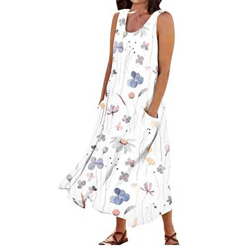 ODJOY-FAN Womens Sundresses for Beach Round Neck Sleeveless Vacation Dresses Flowy Print Cotton Linen Dress with Pockets