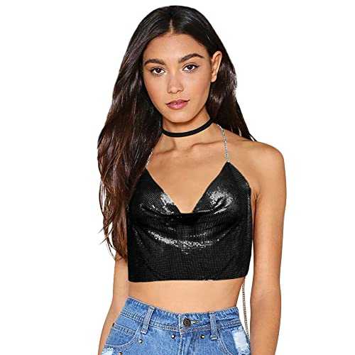 Sequin Body Chain Top Shining Camisole Crop Tops Deep V Chain Vest Neck Chain Nightclub Tops Strapless Club Party Body Sparkle Cami Top