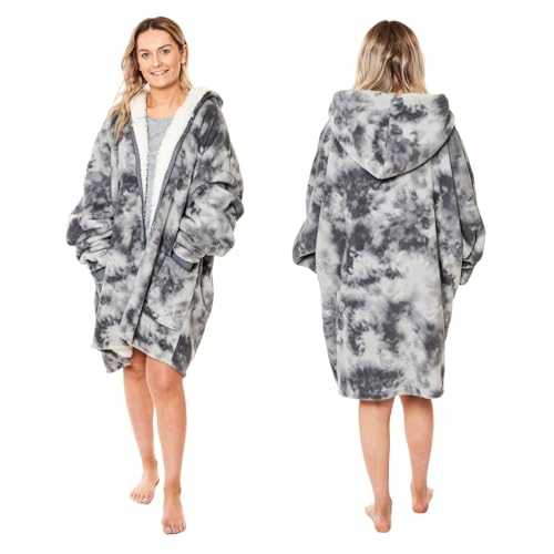 Dreamscene Tie Dye Oversized Hoodie Zip Up Womens Sherpa Fleece Wearable Blanket Giant Sweatshirt Cardigan Jumper, Charcoal Grey