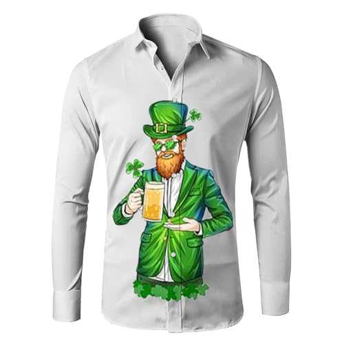 NQyIOS Mens St. Patrick's Day Shirt Novelty Irish Clover Long Sleeve Button Down Shirt Green Shamrock Print Dress Shirts 3D Funny Graphic Work Shirt Fancy Lucky Formal Business Shirts for Party