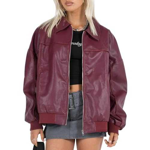 ZZEVOLSS Women Oversized Leather Jacket Zip Up Motorcycle Bomber Coats Faux Pu Leather Moto Jacket Trendy Fall Winter Outwear