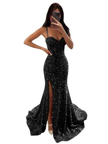 GUKARLEED Mermaid Sequin Prom Dresses High Slit Evening Gowns Formal Dress for Women V Neck Ball Gown Long Homecoming Dresses