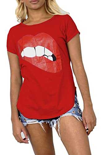 MBN Womens Summer Round Neck Glitter Biting Lips Turn Up Sleeve Curved Hem T Shirt