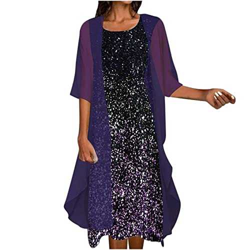 AnnSemo Summer Dresses for Women UK Sparkly Two Piece Dress Outfits Sleeveless Crew Neck Sequin Midi Dress with Flowy Chiffon Smock Wedding Guest Dresses Bridesmaid Dresses