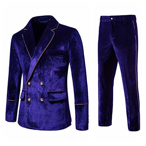 Best Wedding Suits for Men 2 Pieces Blazer + Pant Velvet Gold Trim Double-Breasted Dress Business Costard