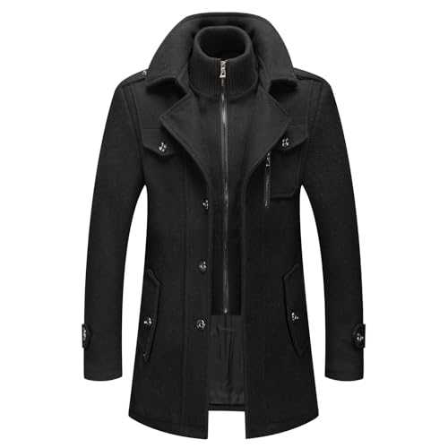 INVACHI Men's Wool Blend Pea Coat Mid-Length Slim Fit Winter Jacket Trench Coat Top Coat, Black-a, Large