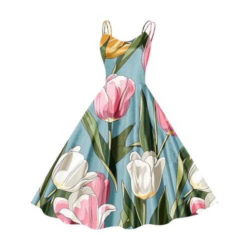Women's Cami Dress UK Sale Clearance Women's Vintage Dress 1950s Audrey Hepburn Dress Floral Print Sleeveless Slip Dress A Line Swing Flowy Tea Dress 60s Cocktail Party Dresses Dance Gown