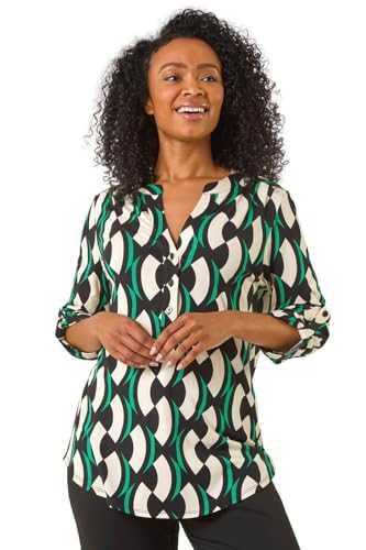 Roman Originals Print Stretch Top for Women UK - Ladies Everyday Autumn Winter V-Neckline Comfy Soft Evening Vacation Work Party Night Out