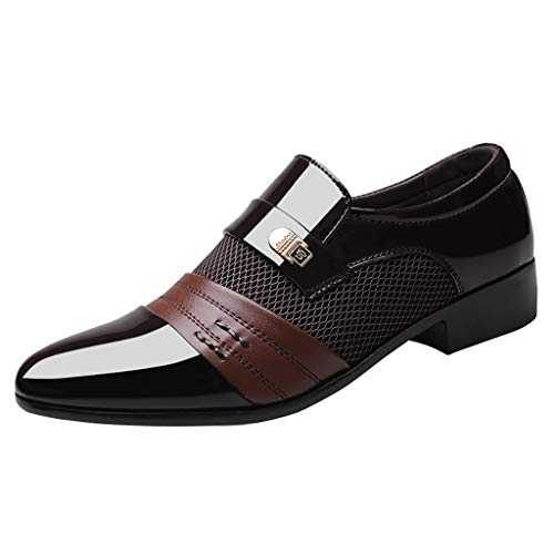 Mens Leather Slip on Shoes Men's Fashion Classic Spliced ​​Mesh Breathable Hollow Business Casual Glossy Shiny Pointed Toe Comfortable Lightweight Loafers Shoes