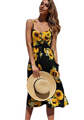 OMZIN Women's Beach Dress Sexy A-Line Summer Spaghetti Strap Dress Sleeveless Midi Dress