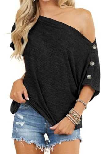 Dressmine Womens Summer Off Shoulder Top Batwing Short Sleeve Shirts Sexy Loose Button Down Blouse