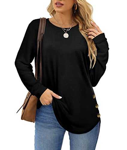 Aokosor Womens Long Sleeve Tops Ladies Jumpers Side Buttons Sweatshirts Tunic Tops