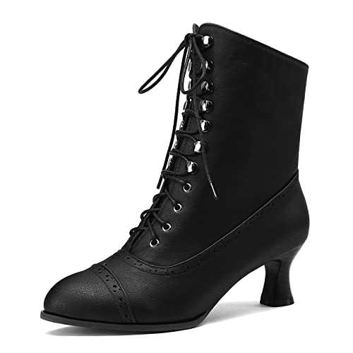 HavueGatue Lace Up Ankle Boots for Women Block Heel Victorian Boots Pointed Toe Booties Side Zipper