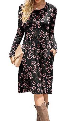 DB MOON Women Casual Long Sleeve Dresses Empire Waist Knee Length Loose Dress with Pockets