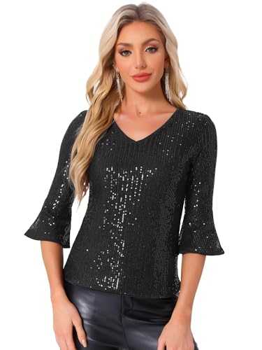 Allegra K Sequin Top for Women's 3/4 Bell Sleeve V Neck Metallic Sparkly Glitter Party Blouse