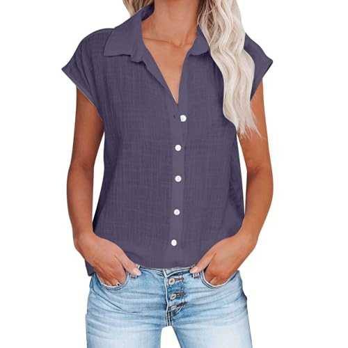 Qixiu Linen Tops,Womens Top,Women's Casual Solid Color Breathable Single Breasted Shirt Short Sleeve Top T Shirt Womens Loose Tops Casual White Tops for Women UK