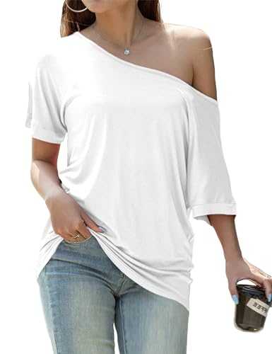 GingDin Womens Ladies Off The Shoulder Batwing Sleeve One Shoulder Tops Bardot Baggy Oversized T-Shirts Tee Top S-XXL