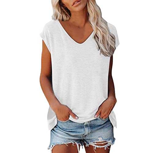 FNKDOR Women's T-Shirts Cap Sleeve Summer Casual Tee Tops V Neck Solid Color Loose Shirts Cotton Loose Fit Blouse Comfy Tank Tops Cami Shirts Elasticated Stretch Breathable Basic Vest